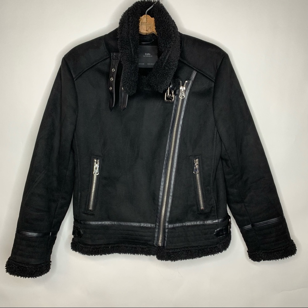 Zara Black Fleece Faux Suede Moto Coat Medium